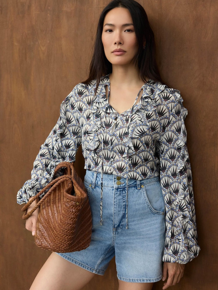 Mint Velvet Blue Geometric Print Neck Tie Ruffle Blouse - Image 2 of 7 Mint Velvet Blue Geometric Print Neck Tie Ruffle Blouse - Image 2 of 7