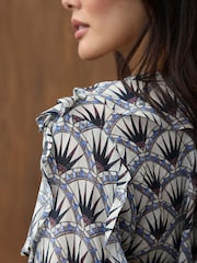 Mint Velvet Blue Geometric Print Neck Tie Ruffle Blouse - Image 4 of 7