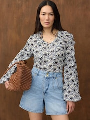 Mint Velvet Blue Geometric Print Neck Tie Ruffle Blouse - Image 5 of 7