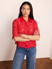 Mint Velvet Red Lace Short Sleeve Cropped Shirt - Image 1 of 7