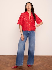 Mint Velvet Red Lace Short Sleeve Cropped Shirt - Image 2 of 7