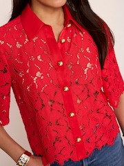 Mint Velvet Red Lace Short Sleeve Cropped Shirt - Image 3 of 7