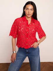Mint Velvet Red Lace Short Sleeve Cropped Shirt - Image 5 of 7