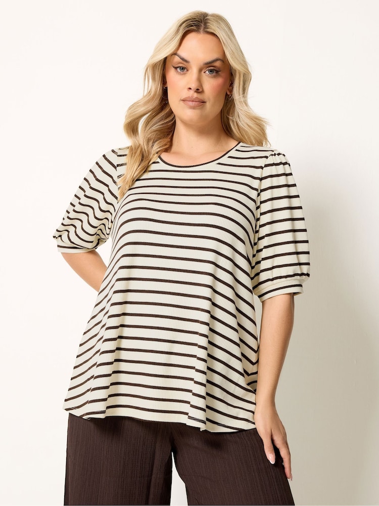 Yours Curve Brown Stripe Knitted Puff Sleeve Top - Image 1 of 5 Yours Curve Brown Stripe Knitted Puff Sleeve Top - Image 1 of 5