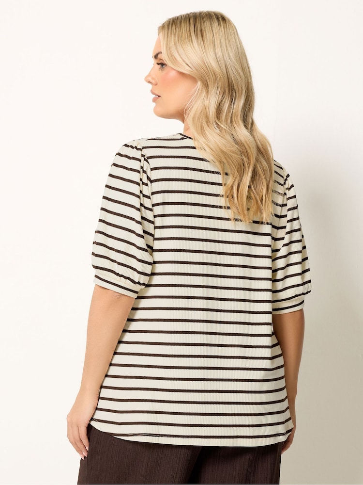 Yours Curve Brown Stripe Knitted Puff Sleeve Top - Image 2 of 5 Yours Curve Brown Stripe Knitted Puff Sleeve Top - Image 2 of 5