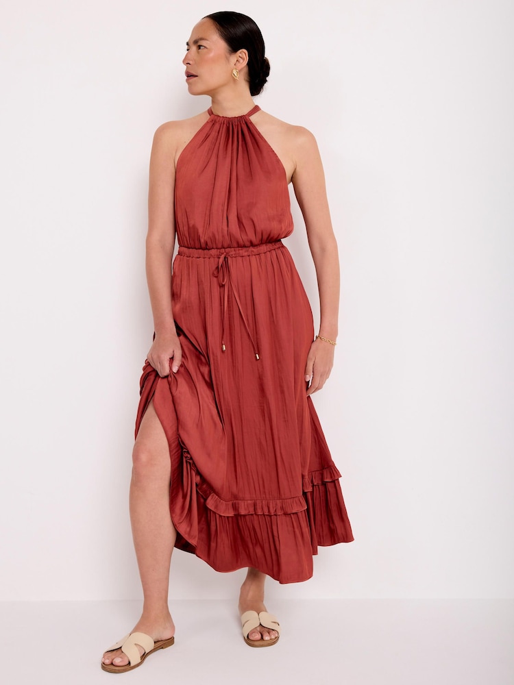 Mint Velvet Brown Satin Halter Maxi Dress - Image 2 of 7