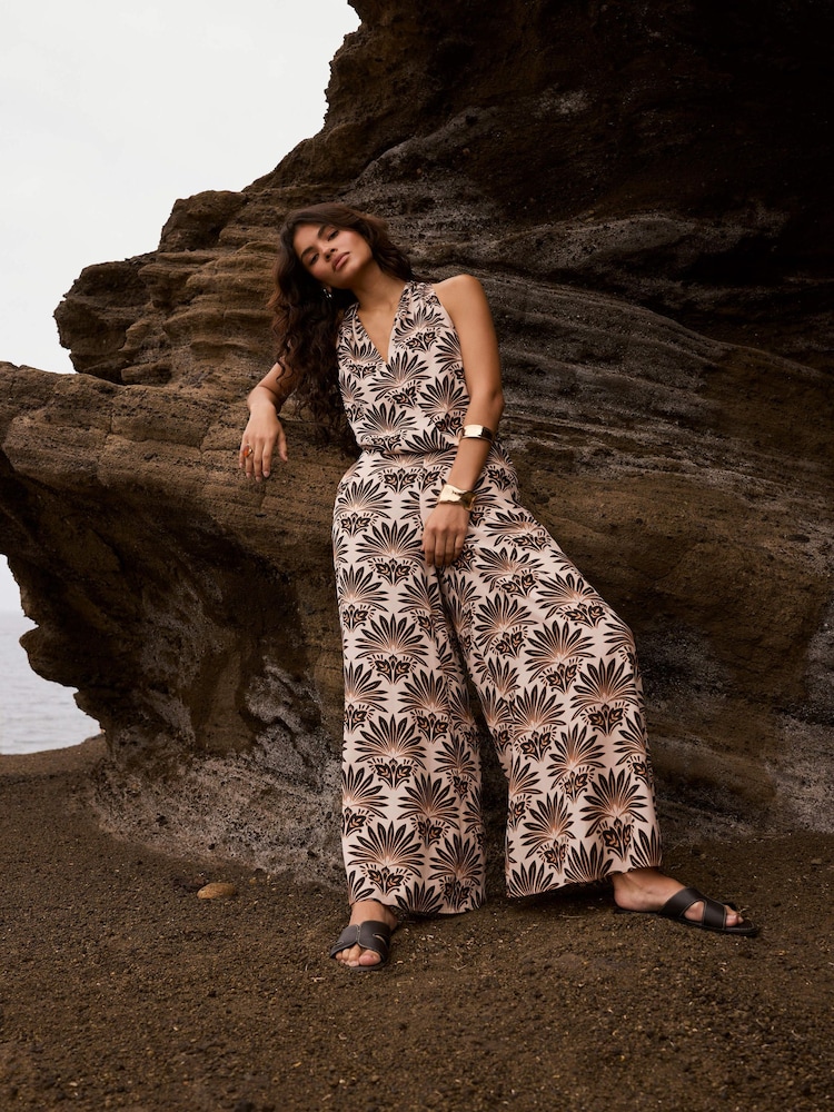 Mint Velvet Black Satin Geo Print Wide Leg Trousers - Image 1 of 7