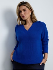 Live Unlimited Blue Wool Blend  V-Neck Knitted Jumper - Image 1 of 5