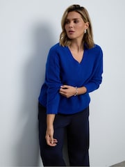 Live Unlimited Blue Wool Blend  V-Neck Knitted Jumper - Image 3 of 5