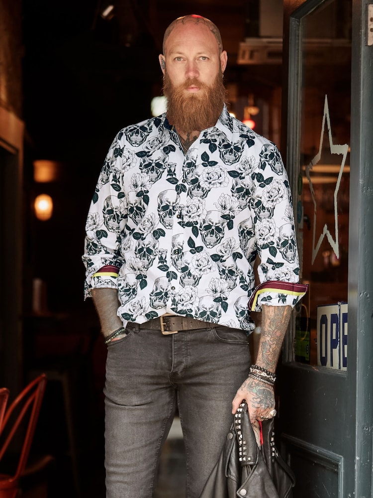 Joe Browns Black Monochrome Skull Print Shirt - Image 1 of 7 Joe Browns Black Monochrome Skull Print Shirt - Image 1 of 7
