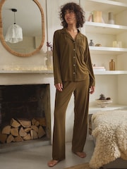 Olive Green Sandwash Button Through Pyjamas - Image 3 of 10