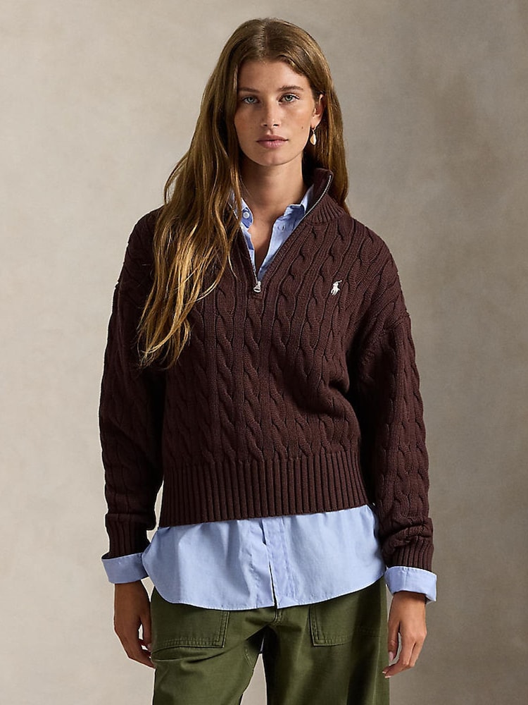 Polo Ralph Lauren Brown Cable-Knit Cotton Quarter-Zip Sweater - Image 1 of 6