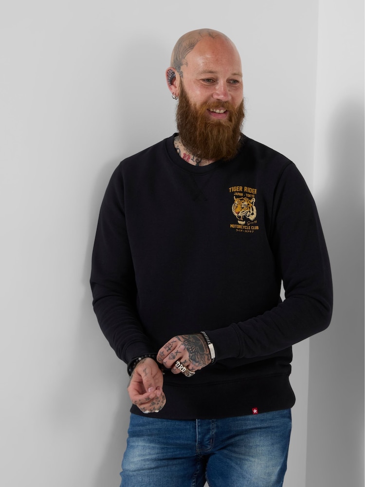 Joe Browns Black Tiger Riders Back Print Crew Sweat Top - Image 1 of 6 Joe Browns Black Tiger Riders Back Print Crew Sweat Top - Image 1 of 6