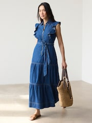 Mint Velvet Blue Denim Ruffle Maxi Shirt Dress - Image 1 of 7