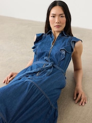 Mint Velvet Blue Denim Ruffle Maxi Shirt Dress - Image 2 of 7