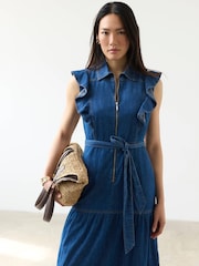 Mint Velvet Blue Denim Ruffle Maxi Shirt Dress - Image 3 of 7