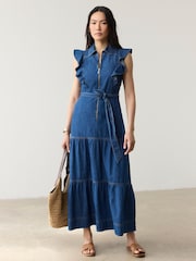 Mint Velvet Blue Denim Ruffle Maxi Shirt Dress - Image 4 of 7