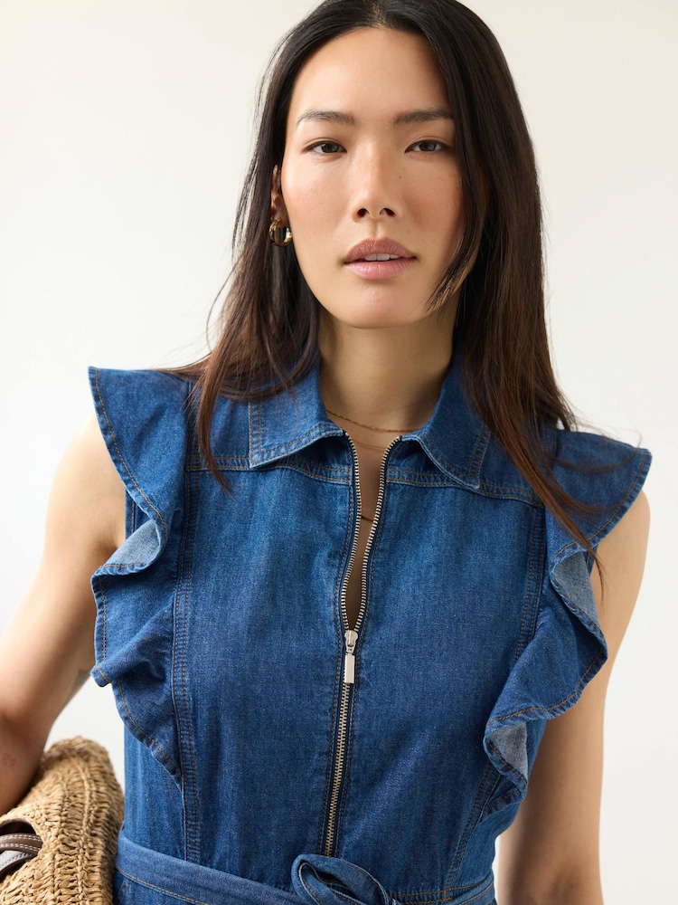 denim ruffle maxi dress " Miriam " Strapless Ruffle Denim Maxi Dress ( Blue )