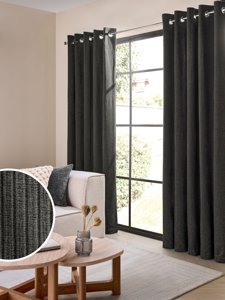Charcoal Grey Chunky Cord Eyelet Lined Curtains - Image 2 of 7