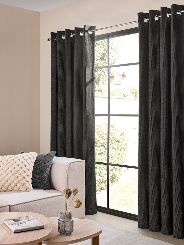 Charcoal Grey Chunky Cord Eyelet Lined Curtains - Image 3 of 7