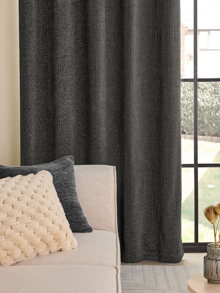 Charcoal Grey Chunky Cord Eyelet Lined Curtains - Image 5 of 7