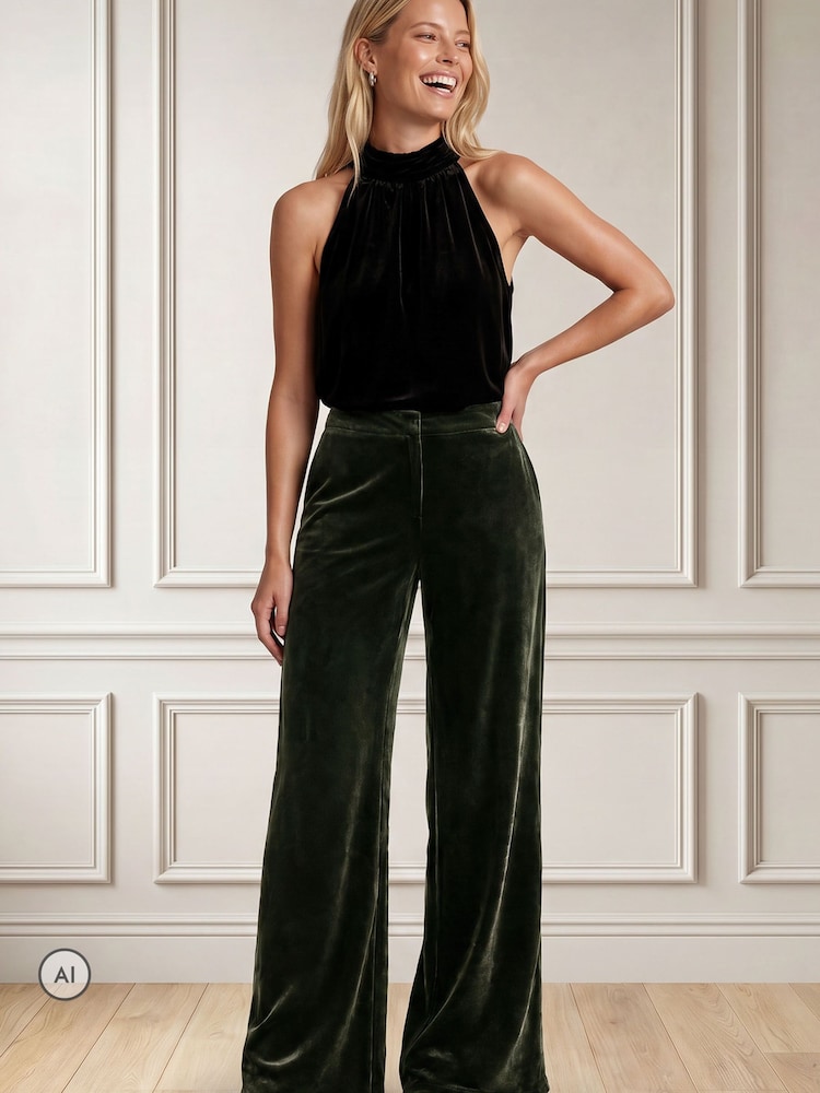 Aspiga Green Palazzo Velvet Trousers - Image 4 of 4 Aspiga Green Palazzo Velvet Trousers - Image 4 of 4