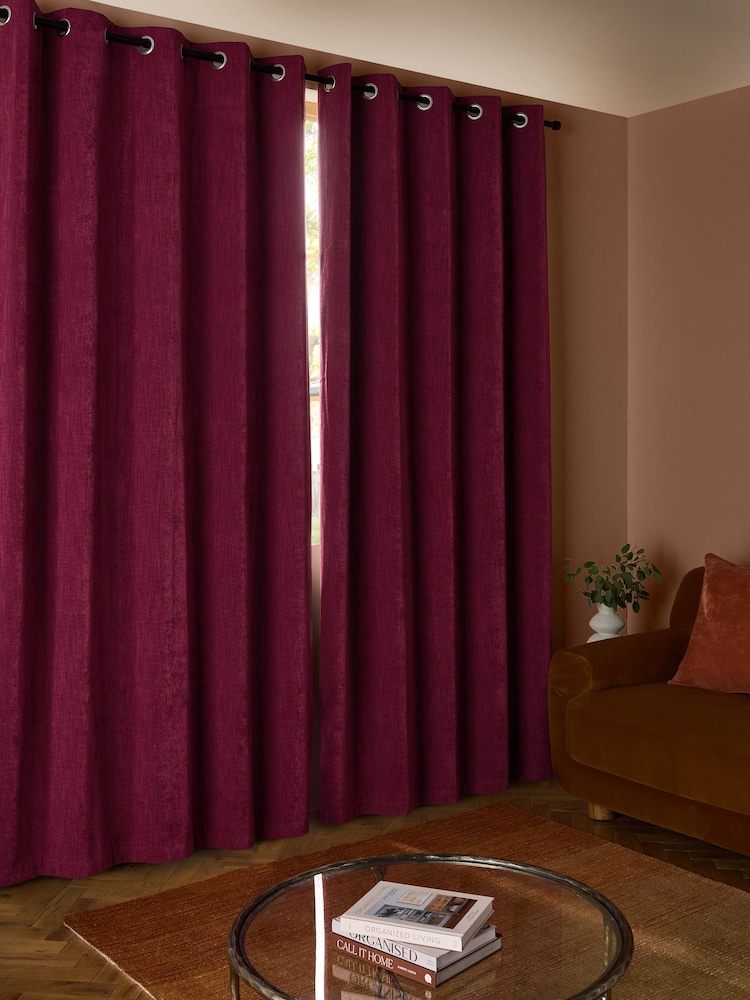 Berry Red Matte Chenille Blackout/Thermal Eyelet Curtains - Image 3 of 7