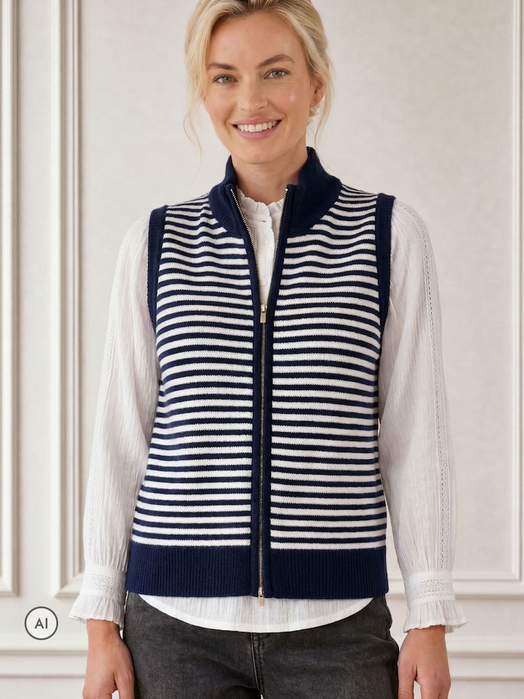 Aspiga Blue Merino Wool Stripe Zip Through Gilet - Image 1 of 3 Aspiga Blue Merino Wool Stripe Zip Through Gilet - Image 1 of 3