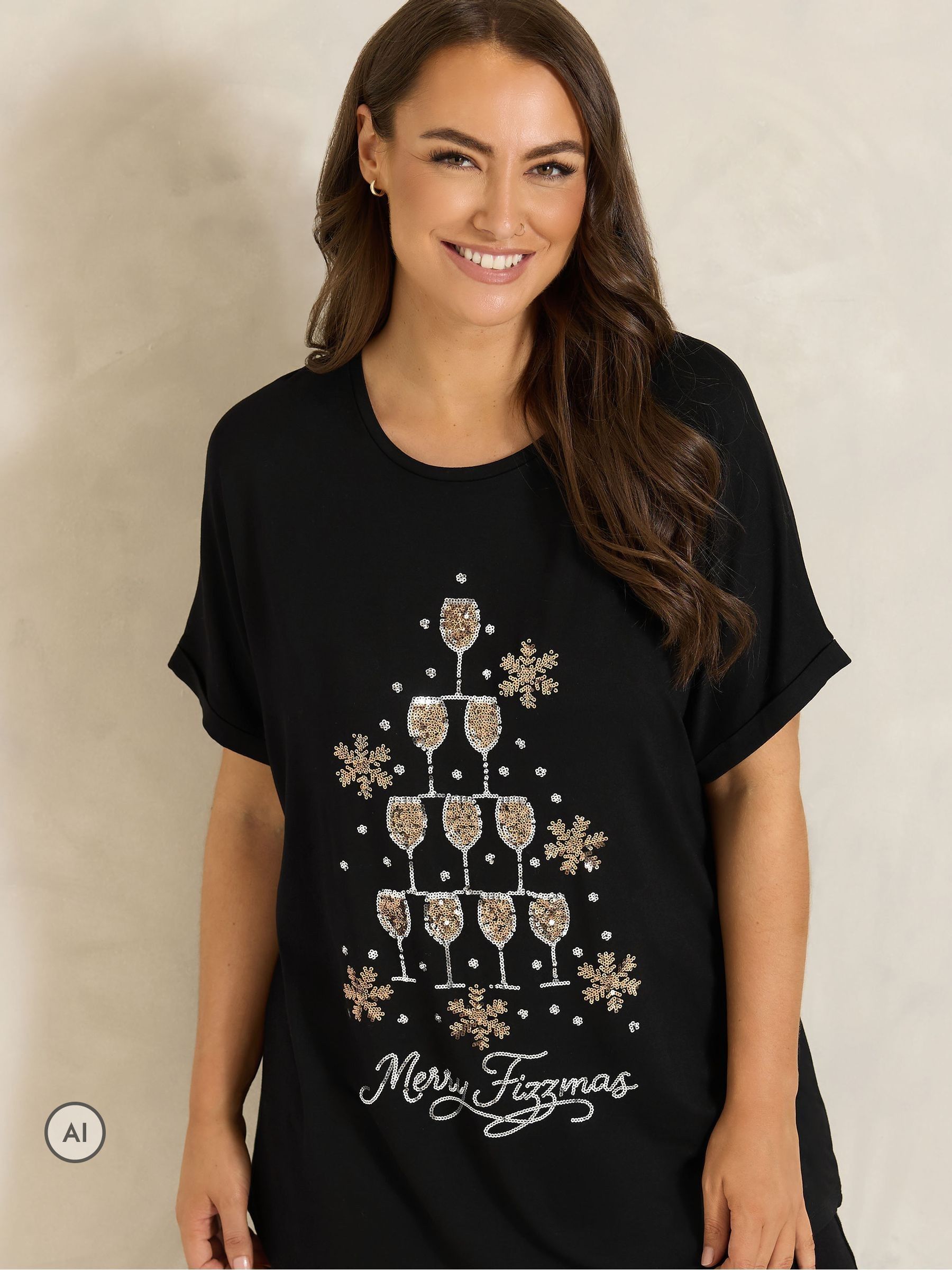 Evans Women's Black Sequin Embellished Christmas T-Shirt In | Size: 30-32 - Image 2