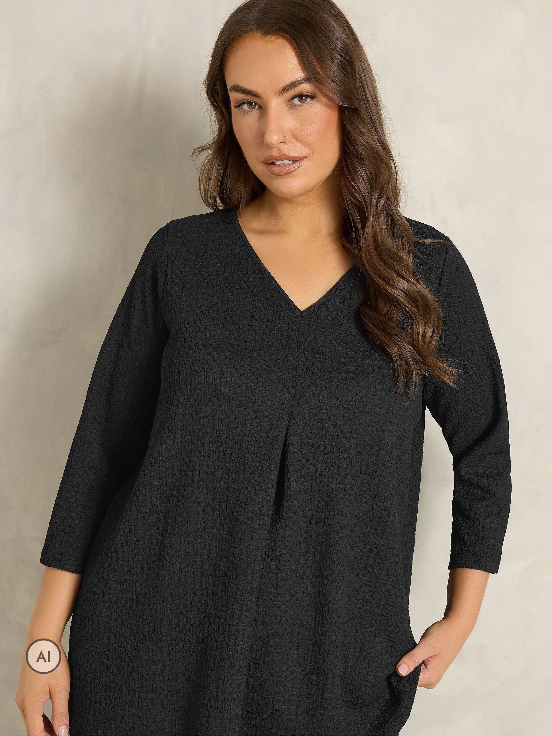Evans Women's Black Long Sleeve Bubble Crepe Top - Image 1