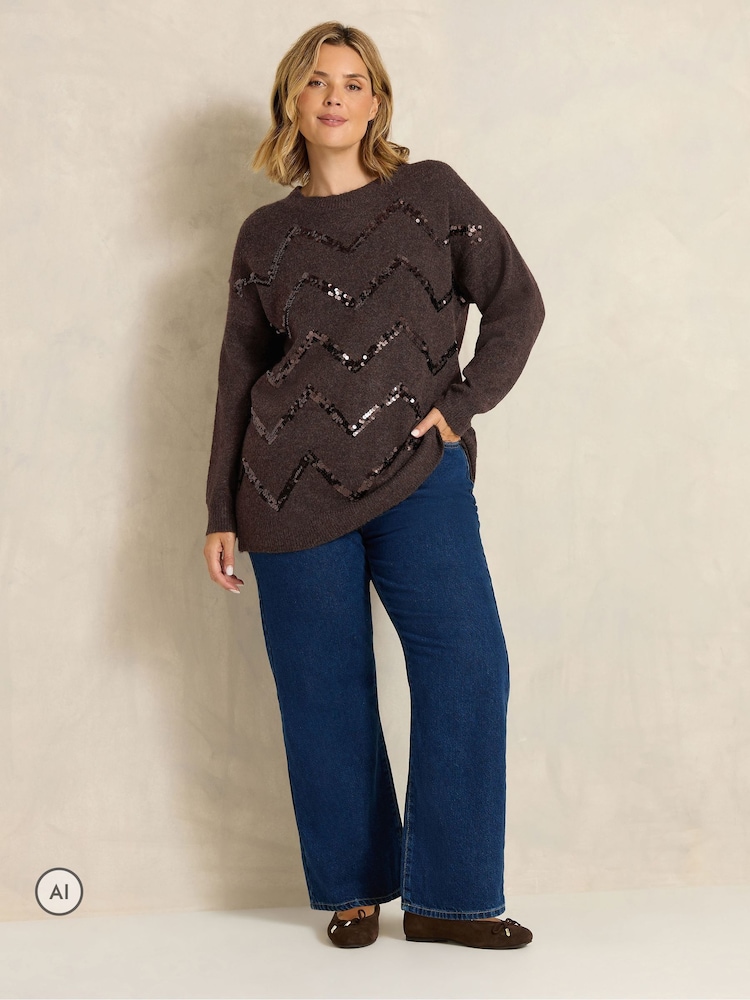 Evans Brown Zig-Zag Sequin Embellished Jumper - Image 2 of 6