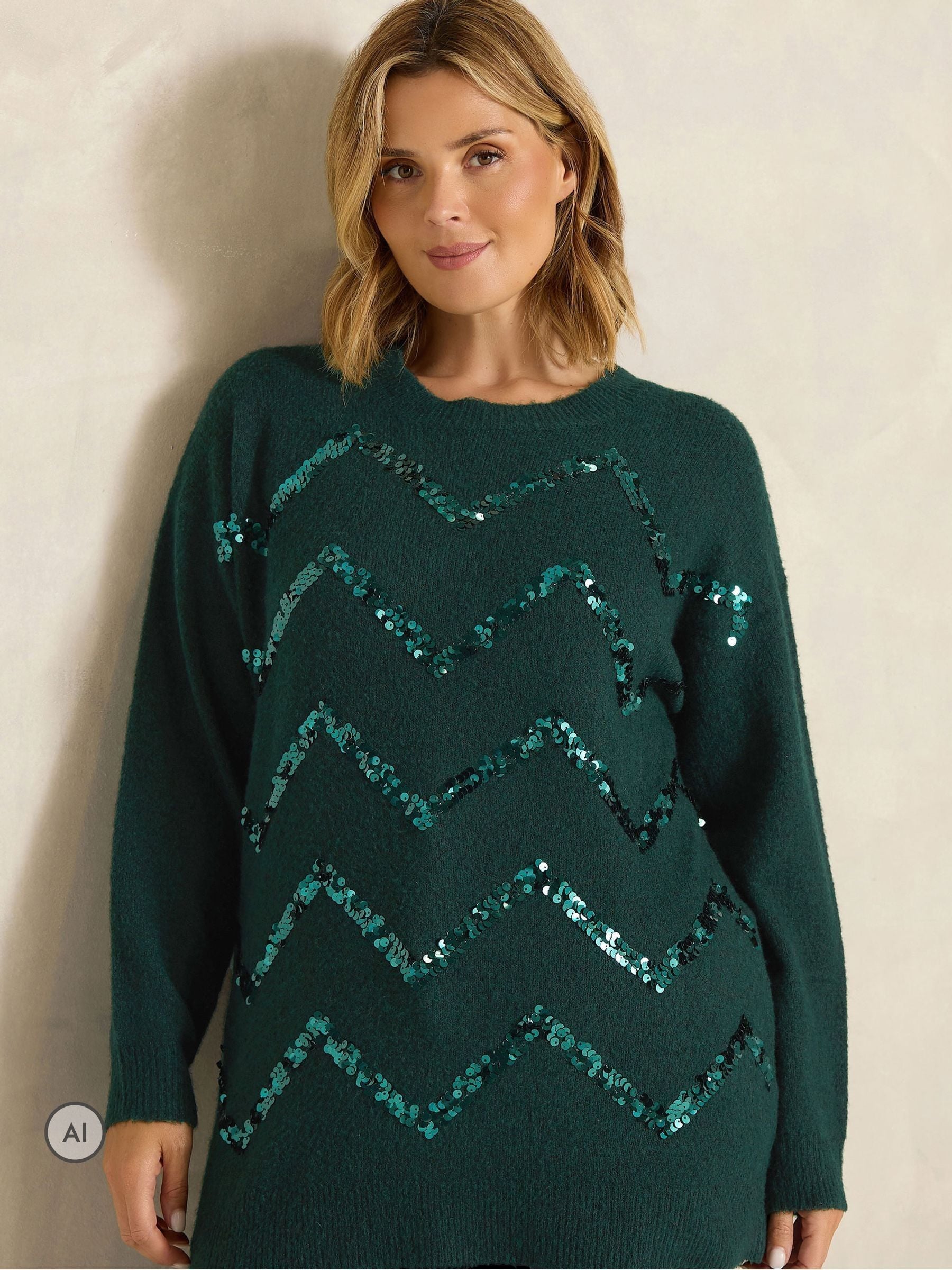 Evans Women's Green Plus Zigzag Sequin Embellished Jumper Size 30-32 - Image 2