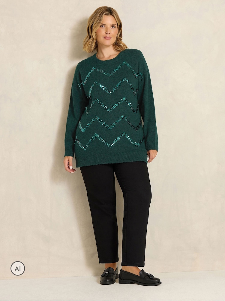 Evans Green Zig-Zag Sequin Embellished Jumper - Image 2 of 6