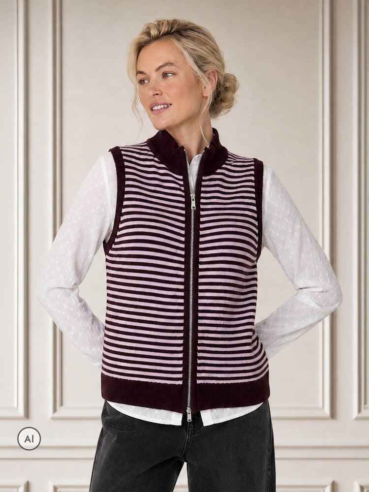 Aspiga Red Merino Wool Stripe Zip Through Gilet - Image 1 of 4 Aspiga Red Merino Wool Stripe Zip Through Gilet - Image 1 of 4