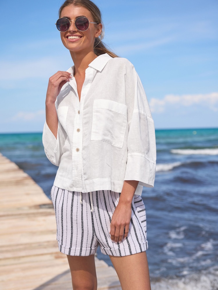 White Linen Blend Short Sleeve Safari Shirt - Image 2 of 6 White Linen Blend Short Sleeve Safari Shirt - Image 2 of 6