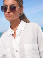 White Linen Blend Short Sleeve Safari Shirt - Image 4 of 6
