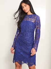 Lipsy Blue Petite Premium Lace Long Sleeve Mini Dress - Image 1 of 4