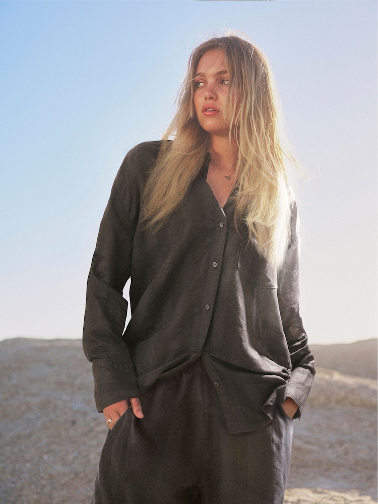 Black Linen Blend Long Sleeve Shirt - Image 2 of 8 Black Linen Blend Long Sleeve Shirt - Image 2 of 8