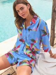 Blue Palm Print Linen Blend Short Sleeve Safari Shirt - Image 1 of 7