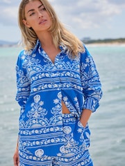 Blue/White Print Linen Blend Long Sleeve Shirt - Image 1 of 7