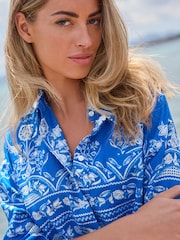 Blue/White Print Linen Blend Long Sleeve Shirt - Image 5 of 7