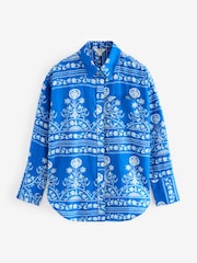 Blue/White Print Linen Blend Long Sleeve Shirt - Image 6 of 7
