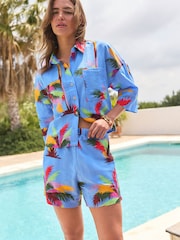 Blau/Palmenmuster - Shorts aus Leinenmischung - Bild 1 von 7