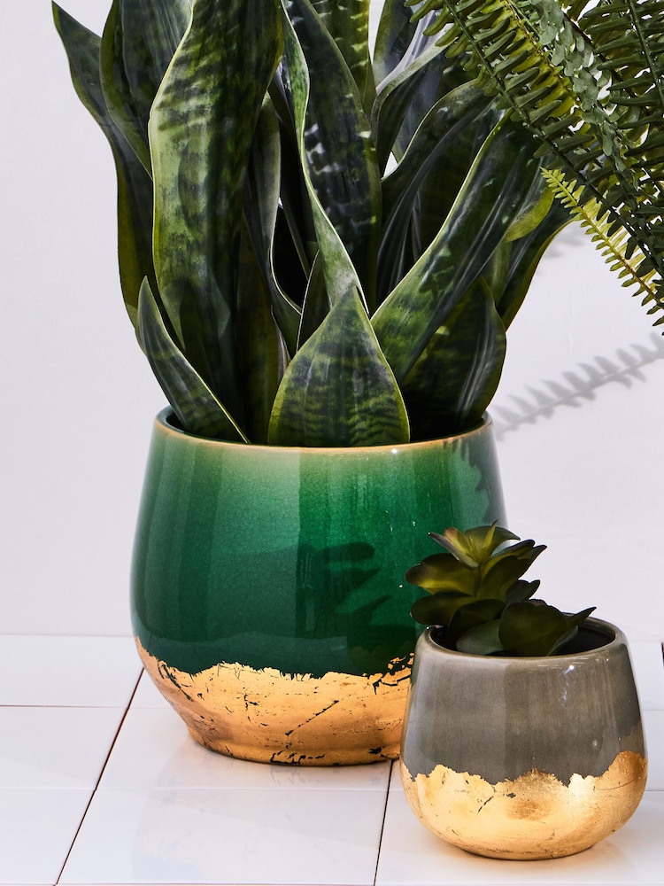 Oliver Bonas Green/Gold Palmer Foil Plant Large Pot - Image 1 of 4