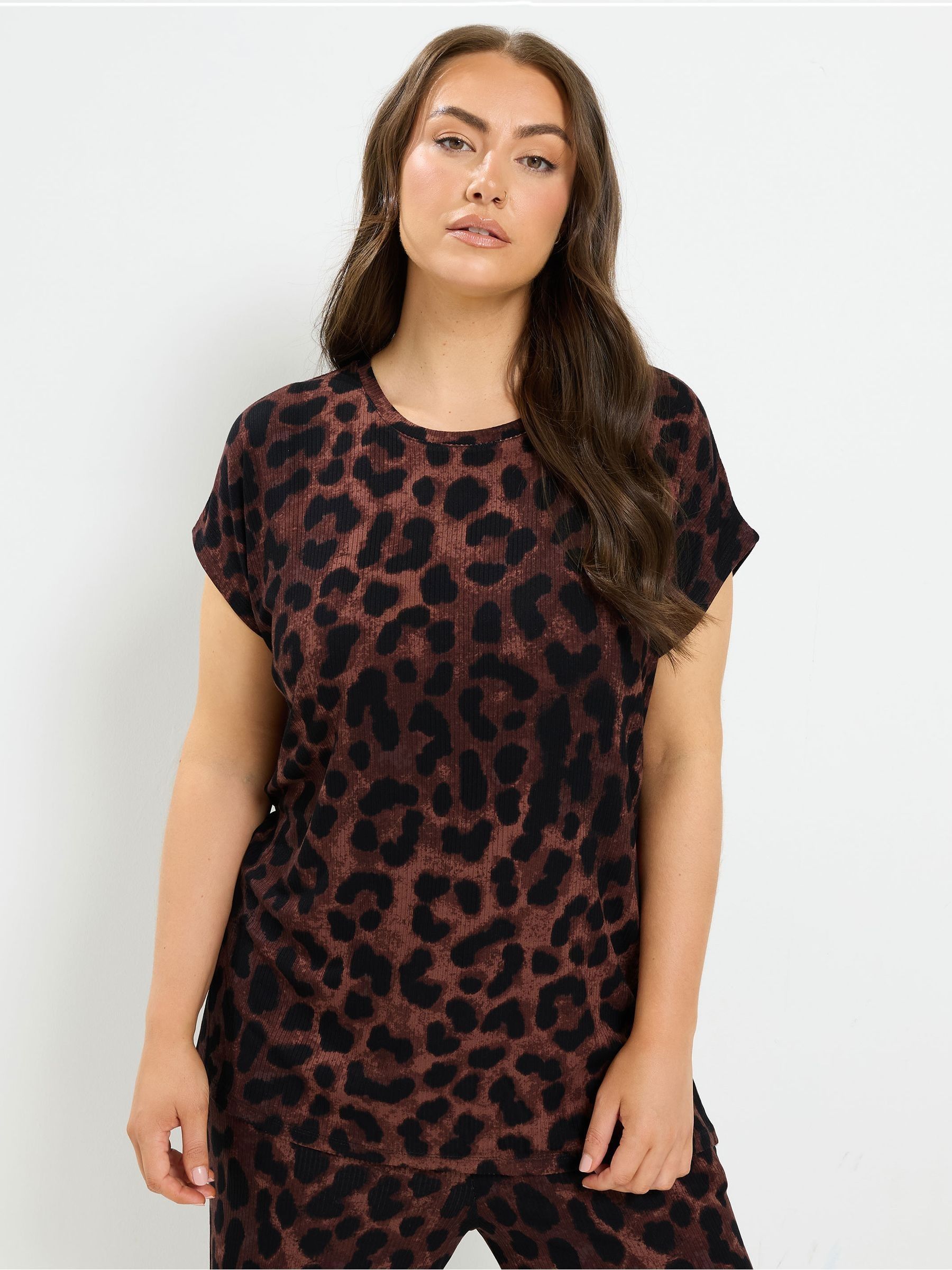 Yours Curve Women's Brown Leopard Print T-Shirt