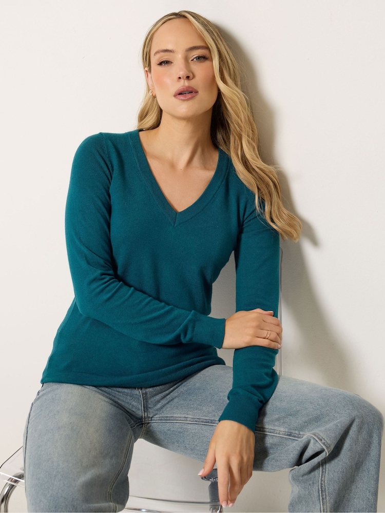 Long Tall Sally Blue Knitted V-Neck Jumper - Image 1 of 5 Long Tall Sally Blue Knitted V-Neck Jumper - Image 1 of 5