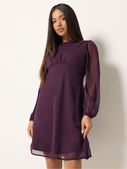 M&Co Purple Petite Long Sleeve Chiffon Dress - Image 1 of 6