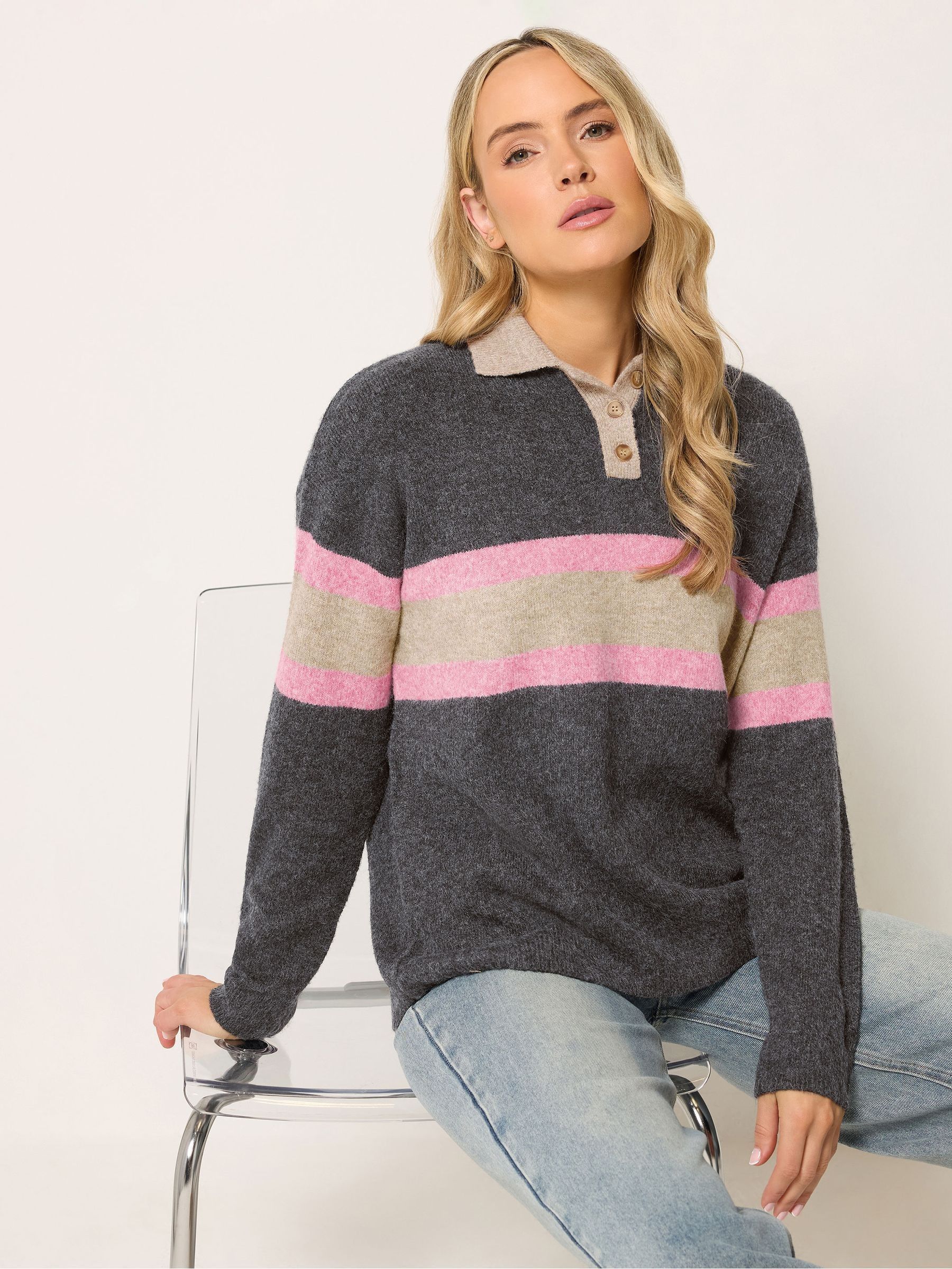 Long Tall Sally Women's Dark Grey Tall Stripe Knitted Polo Jumper In | Size: 8-10 - Image 2