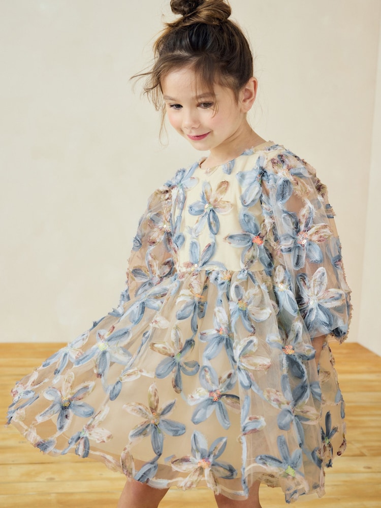 Blue Embellished Puff Sleeve Dress (3-16yrs) - Image 1 of 9