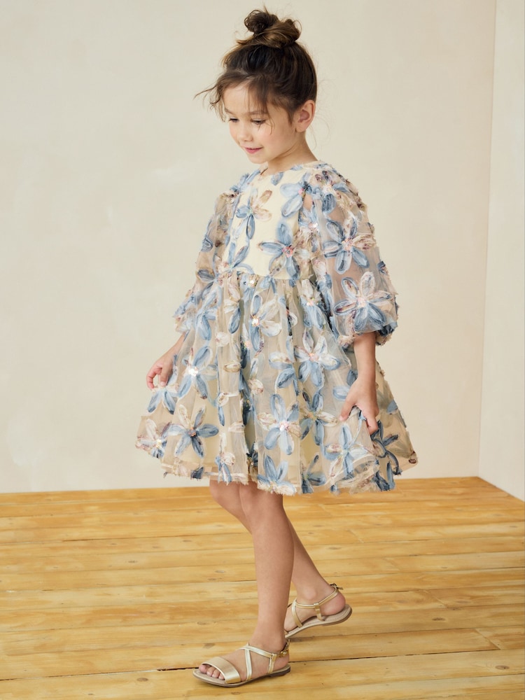 Blue Embellished Puff Sleeve Dress (3-16yrs) - Image 2 of 9